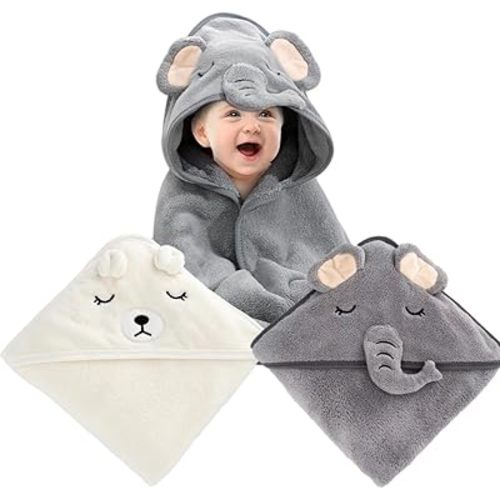 Lot de 2 serviettes de bain à capuche ultra douces pour nouveau-né, tout-petit, nourrisson – Cadeaux essentiels pour bébés garçons et filles – Éléphant gris et ours blanc, 80 x 80 cm