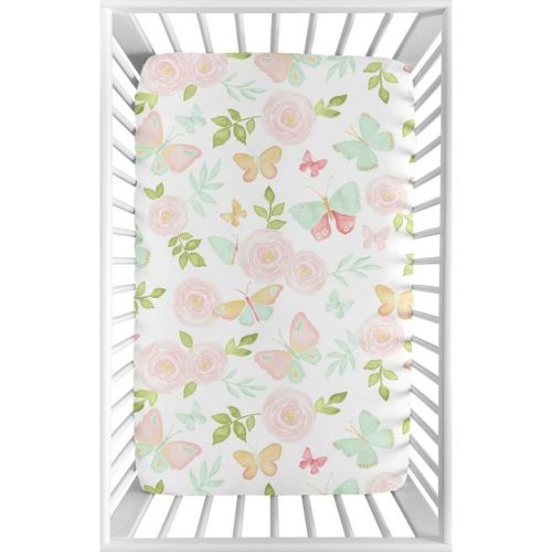 Sweet Jojo Designs Girl Baby Fitted Mini Crib Sheet Butterfly Floral Pink Green and White