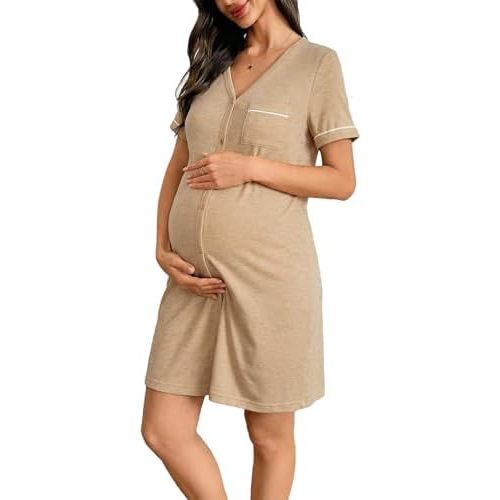 BLENCOT Women’s Labor and Delivery Night Gown for Maternity Short Sleeve V Neck Open Front Shirt Dress with Buttons