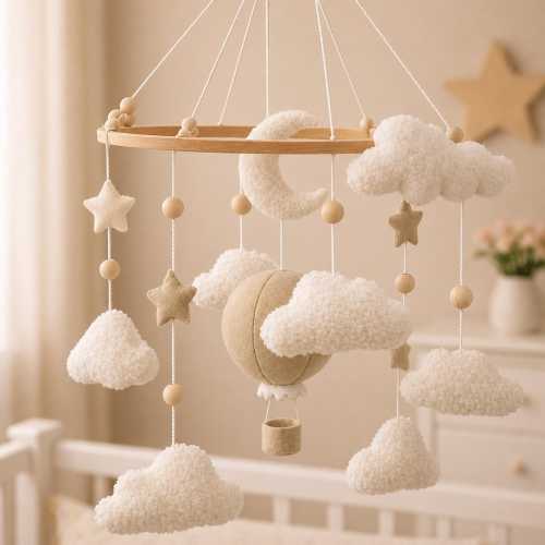 Felt Baby Mobile Hot Air Balloon, Neutral Nursery Decor, Cloud Baby Mobile, Crib Mobile for Baby Boy Girl, Montessori Nursery Hanging