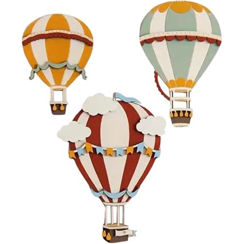 NULYLU 3PCS Wooden Hot Air Balloon Decor: Hot Air Balloon Cutout Sculptures - Boho Wall Art for Baby Nursery Kids Bedroom Living Room Wall Decor
