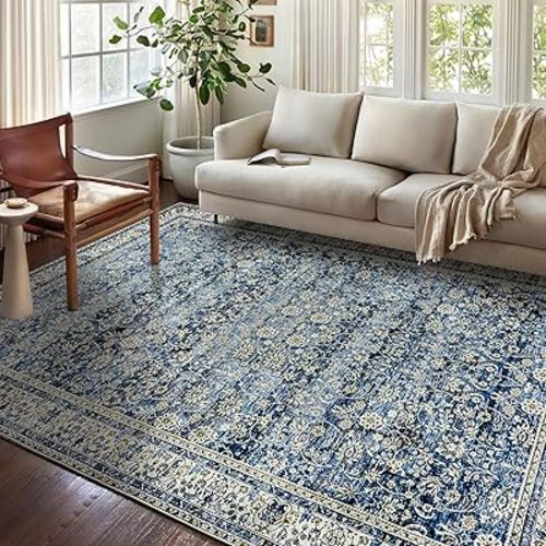Blue Rug for Bedroom Neutral Boho Farmhouse Floral Washable Soft Faux Wool No Slip Area Rugs for Living Room Home Office,5x8