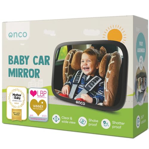 Onco Baby Car Mirror Rear Facing - Double Award-Winning Convex Car Mirror for Baby, 100% Shatterproof & Shakeproof with 360° Rotation, Newborn Essentials (9.6 x 6.9 in)