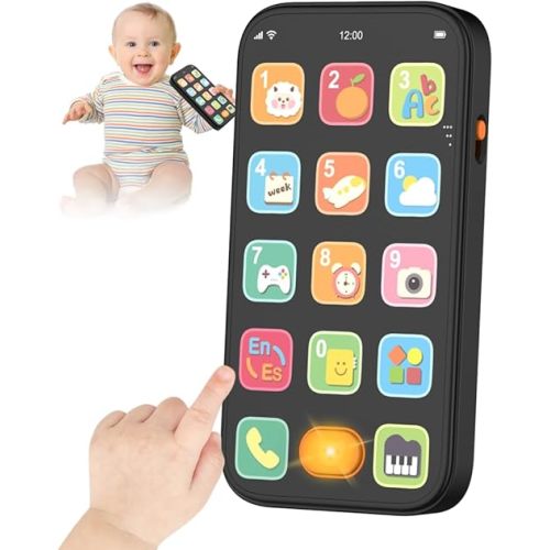 Bilingual Baby Phone with Sounds and Light, English/Spanish, Fun Early Learning Kids Smart Phone Toy for 6-12 Months, Gift for 1 Year Old Boys Girls Toddler Infant, Black