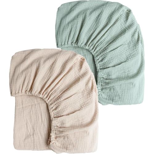 Konssy Muslin Crib Sheets for Girl Boy, 2 PCS Soft and Breathable Cotton Baby Sheets for Standard Crib Mattress, 52"x 28" (Green, Cream)