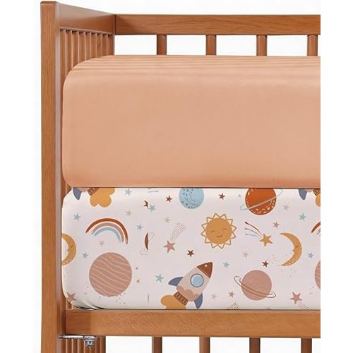 2-Pack Mini Crib Sheets Fitted - Pack N Play Sheets for Pack and Play Mattress - Stretchy Soft Microfiber Playard Bedding - Mini Toddler Bed Cover for Boys & Girls - Oeko-Tex - 38 x 24in, Space Boy
