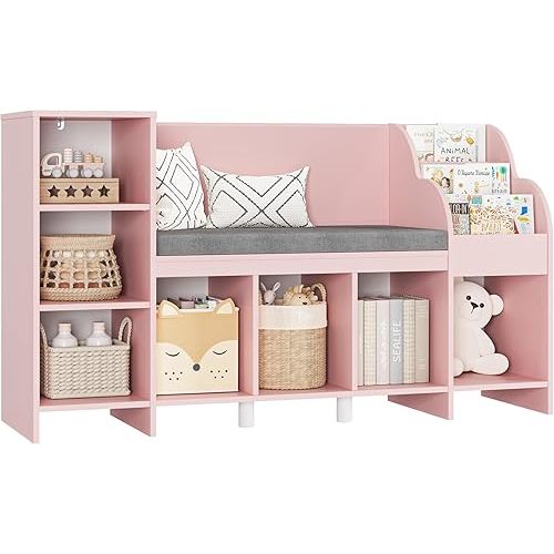 HOUSUIT 55" Kids Bookshelf with Reading Nook, Bookcase with Seat Cushion and Storage Cubbies, Kids Reading Nook with Adjustable Shelf, Toy Organizers and Storage with Bench for Playroom, Pink