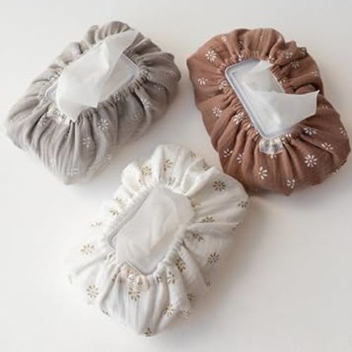 Baby Wipes Cover – Universal Size, One Size Fits All Wipes Packages | Muslin Cotton Tissue Cover for Nursery, Diaper Bag & Changing Table, Station | Gingham & Neutral Patterns (3-Daisy)