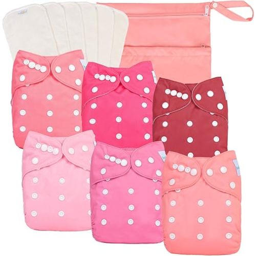 babygoal Baby Girl Cloth Diapers 6 Pack with 6pcs Inserts and Wet Bag, Reusable Waterproof Diaper Covers for Toddlers with Snap Closure