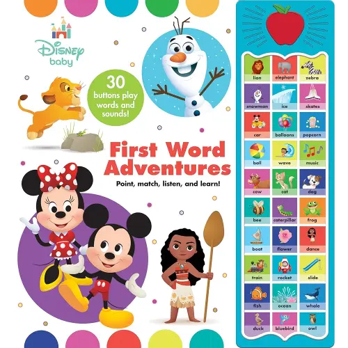 Disney Baby Mickey Mouse, Minnie, Frozen, Moana, and More! - First Word Adventures: Point, Match, Listen, and Learn! 30-Button Sound Book - Great for First Words - PI Kids