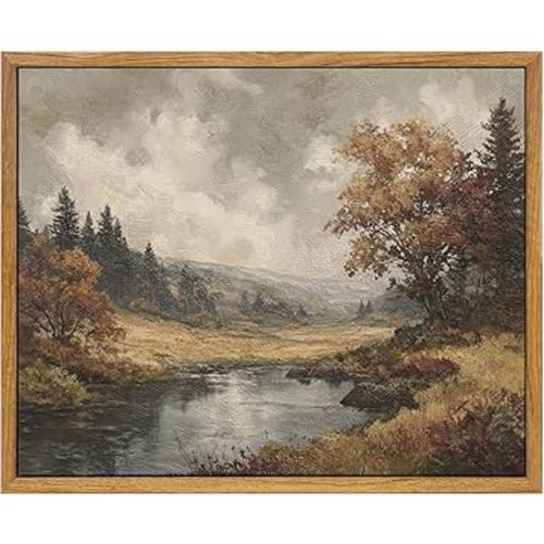 KBKBART Framed Canvas Wall Art for Living Room, Autumn Fall River Dawn Forest Trees Nature Landscape Wall Decor Picture Prints Art Home Bathroom Artwork, 12"x16"