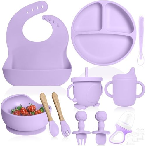 Bluet B- Silicone Baby Feeding Set with Pacifier - Baby Led Weaning Supplies - Baby Spoons, Suction Bowl - Plate - Baby Utensils Set - Silicone Feeding Set for Baby First Foods - 11pcs - Purple