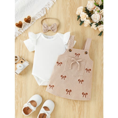 12-18mths (Skirt Length Measurement Without Shoulder Straps) 3pcs Baby Girl Skirt Set Solid Color Round Neck Flying Sleeve Short Sleeved Jumpsuit&bow Embroidery with Pocket Shoulder Strap Skirt&headband Set Girl Cute And Sweet Clothing, Perfect for Outdoo