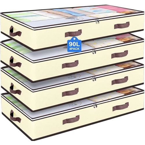 90L Under Bed Storage Containers, Closet Organizers and Storage Bins, Foldable Underbed Storages Bags for Blankets, Towels, Comforter, Sweaters, Pillows, Linen Sheets, Wrapping Paper, 4 Pack Beige