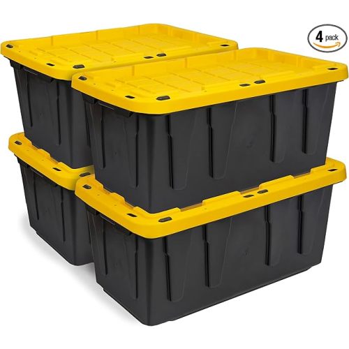 CX Heavy Duty 17-Gallon Stackable Plastic Storage Bins with Lids, 4 Pack | Storage totes for garage organization, Stackable containers, weather-resistant, snap lid, 12.5H x 18W x 26.9D, Black/Yellow
