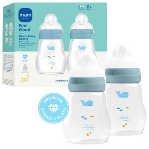 MAM Feel Good Glass Baby Bottles - Blue - 6 fl oz/2pk: BPA-Free, Silicone Nipple, Level 1 Slow Flow
