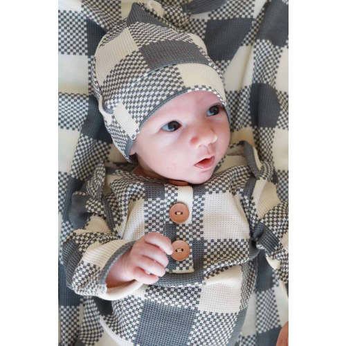 Big Check Bamboo Waffle Newborn Baby Knot Gown & Hat Set | Denim
