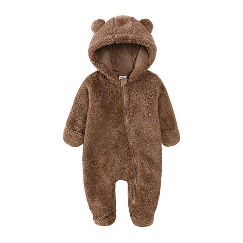 Alunsito Combinaison en polaire pour bébé nouveau-né avec oreilles d'ours en peluche - Grenouillère à capuche - Fermeture éclair à manches longues