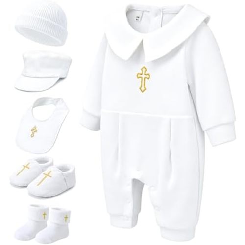 6 Pcs Baby Boy Girl Baptism Outfit, 0-12 Months Newborn Infant Cross Romper with Hat Shoes Socks Christening Suit