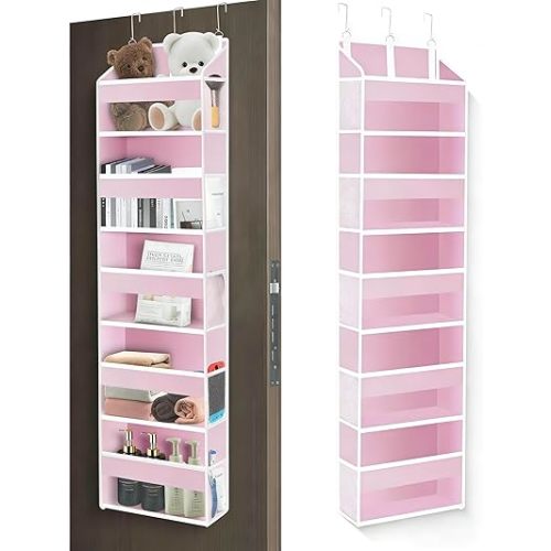 Over The Door Organizer Closet,5 Bins 10 Side Pockets,Hanging Door Organizer,Anti Tilt 44 lbs Load Organizers and Storage with Clear Window for Bedroom,Nursery,Rv,Bathroom,Camper(Pink)