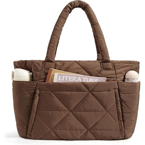BAGSMART Tote Bag for Women, Puffer Tote Bag with Zipper, Large Quilted Shoulder Bag with Compartments for Travel, Work, Gym