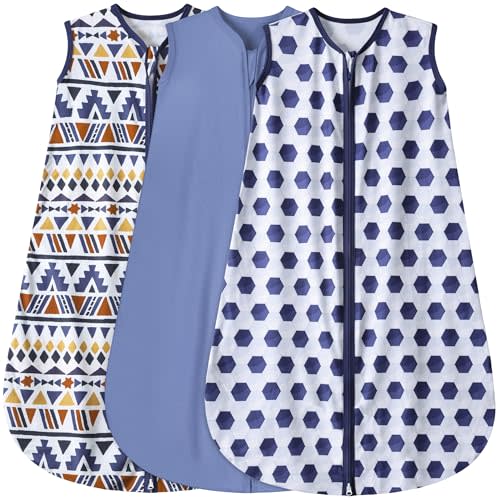 BSTOPPT 3 Pack Baby Sleep Sack 100% Rayon Cotton Baby Sleeping Bag 2-Way Zipper Toddler Wearable Blankets TOG 0.3. (Soccer&Triangles&Blue, 6-12 Months)