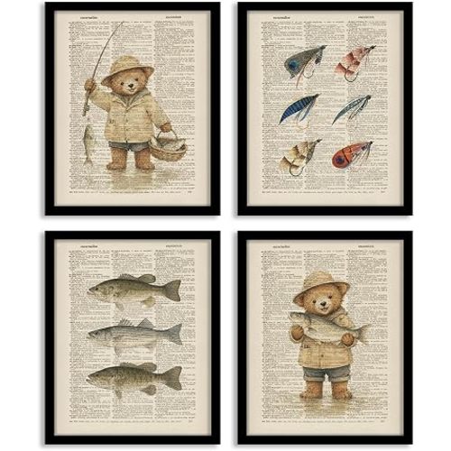 Eghvk Vintage Hunting Fishing Wall Art Nursery Toddler Bedroom Wall Decor, Vintage Wildlife Art Painting Pictures for Boys Bedroom 8x10 Prints Unframed