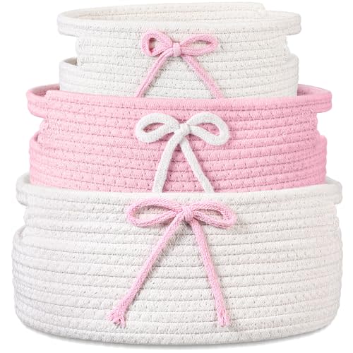 Breling 3 Pieces Pink Bow Baskets Coquette Bow Cotton Rope Storage Basket Pink Woven Gift Baskets Laundry Hamper Rope Bin with Handles for Decoration Organization Storage for Nursery, Pet Toy Basket