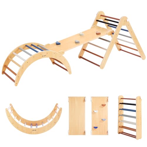 Beright 5 In1 Pikler Triangle Gym, Foldable Climbing Triangle Ladder Toys with Ramp, Indoor Climbing Toys for Kids, Play Gym, Arch Climber, Rocker, Learning Waldorf Children Toy Structure, Dark