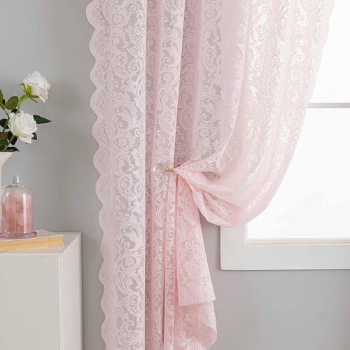 Pink Cafe Curtains 45 Inch Length for Kitchen Bathroom Small Window Boho Floral Lace Short Sheer Curtains for Girls Bedroom Kids Room Closet Bunk Bed Dorm Set of 2 Panels Pink