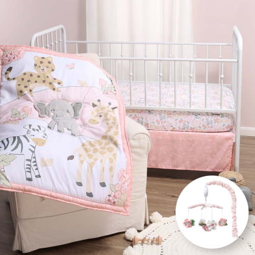 Peanutshell 4pc Infant Girl Nursery Crib Set: Bedding, Quilt, Sheets, Skirt, Mobile
