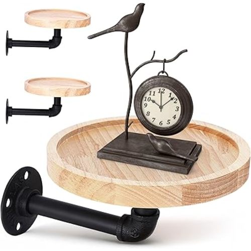 WHOLE HOUSEWARES Pipe Shelf with Round Floating Shelves - Set of 2 | Rustic Industrial Style with Metal Pipe Brackets | 7.1 x 3.3 Inches | Stylish Wall-Mounted Storage for Home Decor