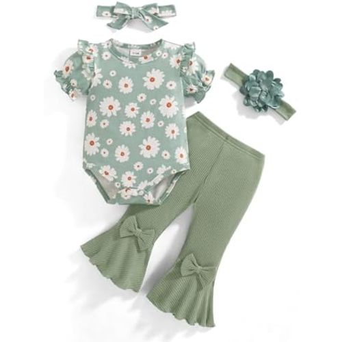 Vibebox Baby Girl Clothes Newborn Preemie Summer Outfits Short Sleeve Ruffle Romper Tops Bell Bottoms Pant Sets with Headband