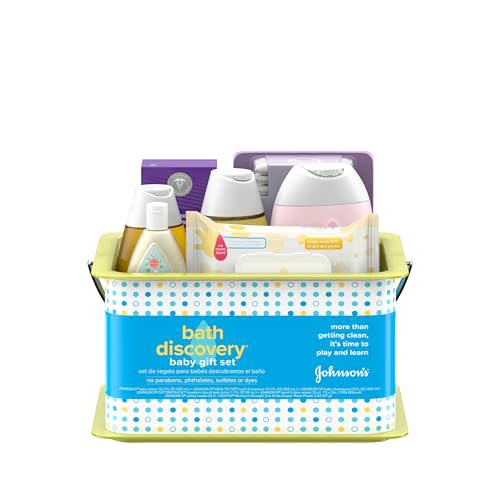 Johnson's Bath Discovery Gift Set for Parents-to-Be, Caddy with Baby Bath Time & Skin Care Essentials, Bath Kit Includes Baby Body Wash, Shampoo, Wipes, Lotion & Diaper Rash Cream, 7 Items
