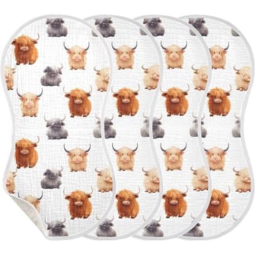 4Pcs Cute Highland Cow Pattern Burp Cloth,Unisex Large Absorbent Soft Cotton Muslin Burping Cloths for Newborn Boys Girls,11x22in,A110859
