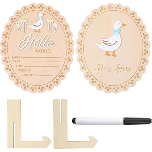 Baby Announcement Sign, Wooden Hello World Newborn Welcome Sign, He’s Here Card Birth Stats Signs Newborn Photo Prop, Monthly Milestone Wood Discs(Blue)