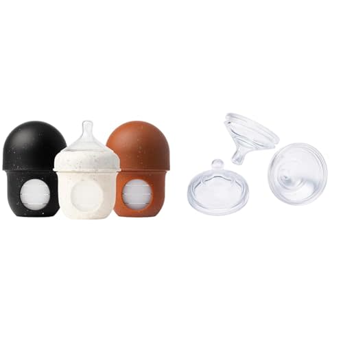 Boon Nursh Reusable Silicone Baby Bottles with Pouch - Stage 1 Slow Flow - 4 Oz - 3 Count + Extra Slow Silicone Nipples 3 Pack