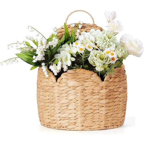 Scalloped Edge Hanging Planter Basket,Water Hyacinth Woven Wall Baskets for Front Door,Hangable Storage Organize for Flowers,Mails,Wicker Handmade Baskets for Garden,Farmhouse,Home Decor
