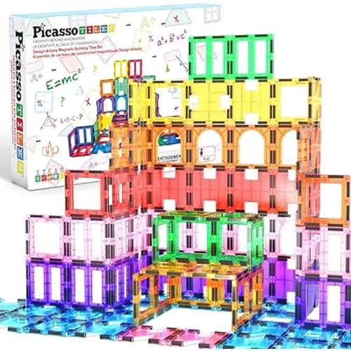 PicassoTiles 42pcs Magnetic Tiles Magnet Blocks See-Through Shape STEM Toys Building Block Educational Playset Compatible with Major Brand Tile -Starter Set for Boys and Girls Toddlers Ages 3+ PT42