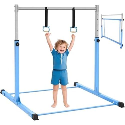 Safly Fun Gymnastics Bar for Kids Ages 3-15 for Home - Steady Steel Construction, Anti-Slip, Easy to Assemble, 3' to 5' Adjustable Height