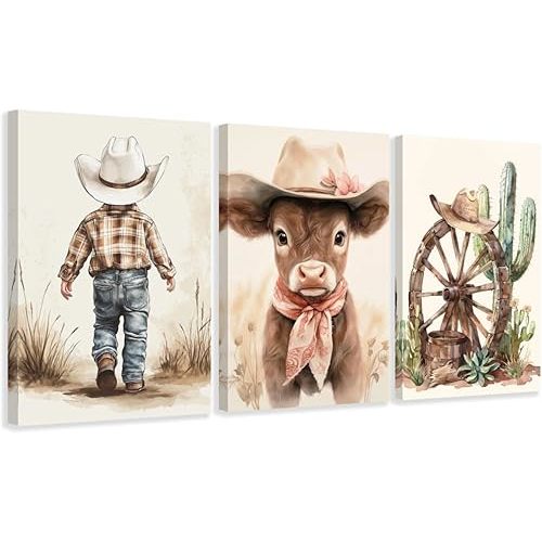CCWACPP Western Cowboy Wall Art Set of 3 Cowboy Kids Wall Decor Western Themed Prints Beige Picture for Nursery Toddler Children Boy Room Boho Decor Framed (12"x16"x3)