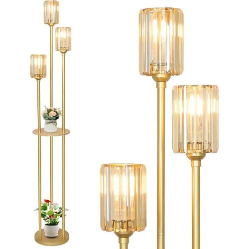 Gold Standing Lamp with Shelf, Vintage Floor Lamp for Living Room, Retro Floor Lamp with Table, Mid Century Tall Lamp with Amber Crystal Shade, On/Off Switch, Brass Boho Corner Lamp for Bedroom