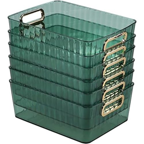 Readsky 6 Packs Clear Pantry Organizer Bins with Handles, Plastic Storage Bins for Kitchen, Green