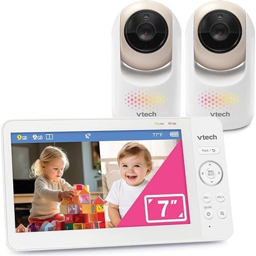 VTech 2-Cameras Video Baby Monitor with 7" Color LCD Screen, Rechargeable Battery, Video and Audio Streaming, Pan-Tilt-Zoom, Touch Multi-Color Night Light, Two-Way Talk: Advanced Max Twin (Tan)
