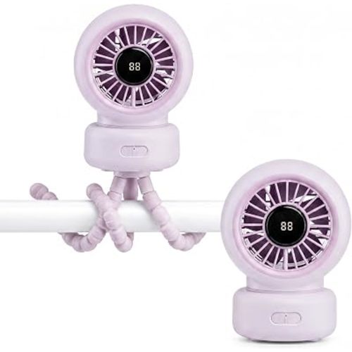 Baby Stroller Fan with 3600mAh Battery, 4-16H Portable Clip on Fan, 3 Speeds, Auto Oscillating & Detachable Head, LED Display, Quiet Small Personal Fan for Stroller, Car Seat, Crib, Travel (Purple)