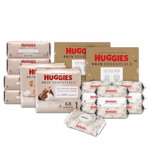 Huggies Skin Essentials Bundle: Huggies Skin Essentials Baby Diapers, Size 1 (8-14 lbs), 204 Count & Baby Diapers, Size 2 (12-18 lbs), 192 Count & Baby Wipes, 10 Packs, 560 Count (10 Packs of 56)