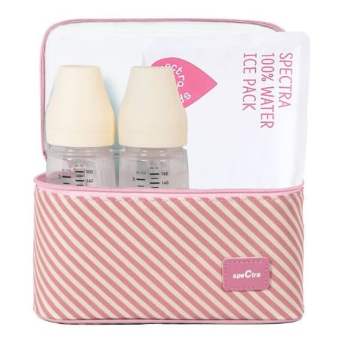 Spectra Pink Striped Cooler with Ice Pack and Breast Milk Bottles Kit