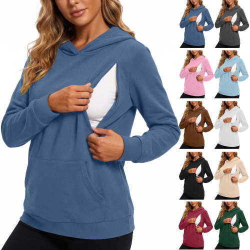 Women's Maternity Fleece Nursing Hoodie Fall Long Sleeve Side Zipper Breastfeeding Casual Pullover Hooded Sweatshirts S-XXL