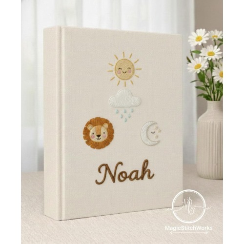 Embroidered Noah Custom Photo Album, Personalized Lion & Sun Product, Cute Nursery Style, Childhood Memories Content