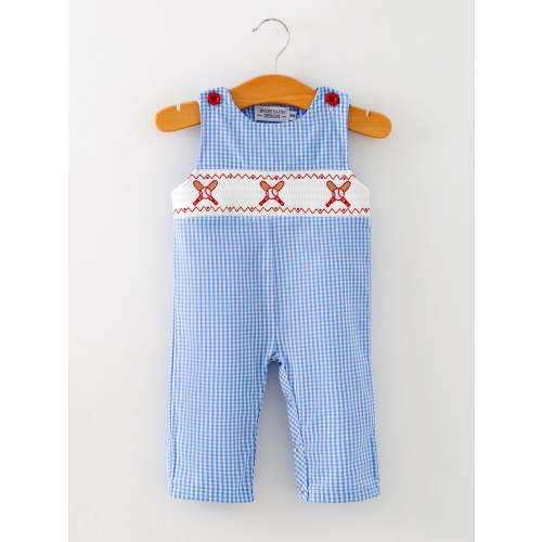 Baby Boy Baseball Smocked Romper – Blue Plaid Summer Outfit – Rylee Faith Designs